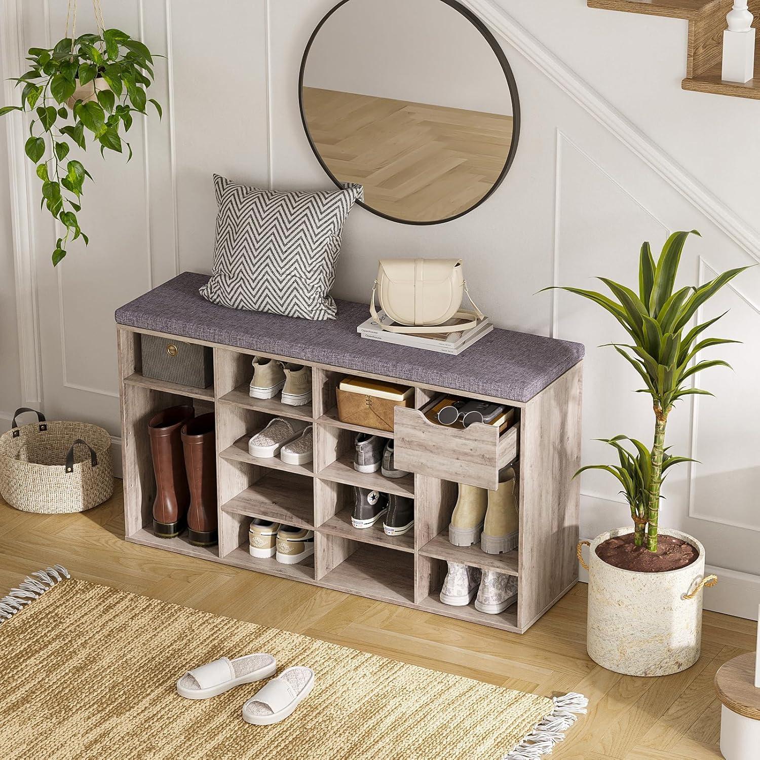 Shoe Rack Bench with Cushion 15-Cube Storage Bench Storage Cabinet for Entryway Espresso