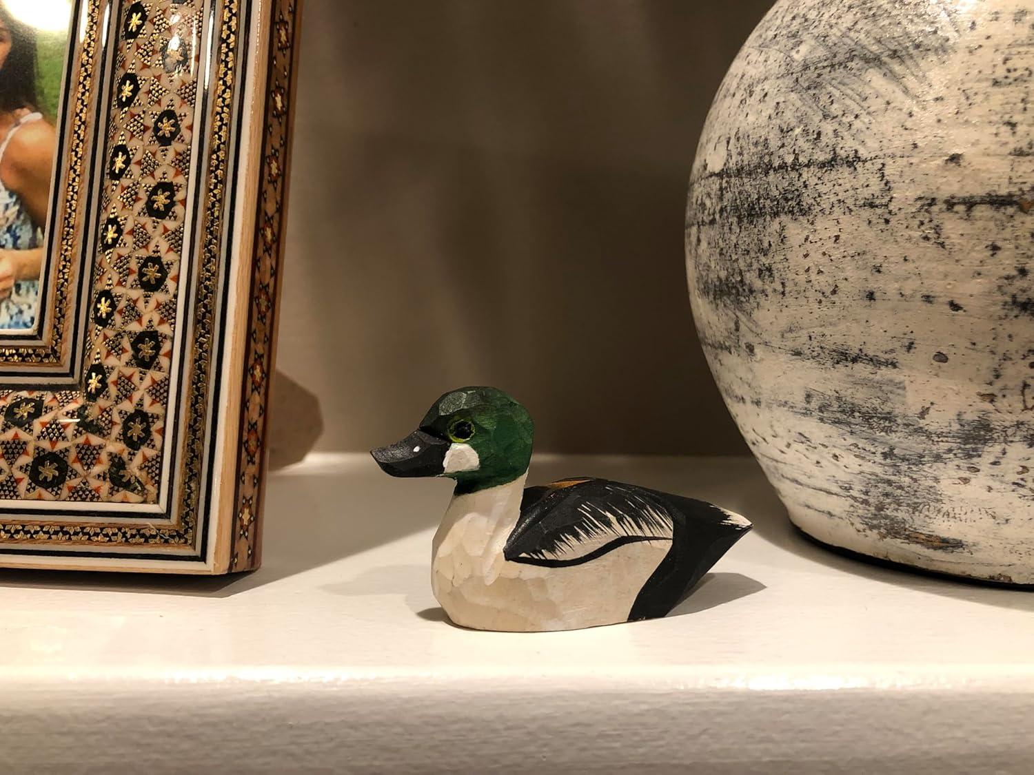 Goldeneye Duck Handmade Wood Figurine Carved Decoy Sculpture Home Decor Miniature Animal Art Garden Statue Collectible