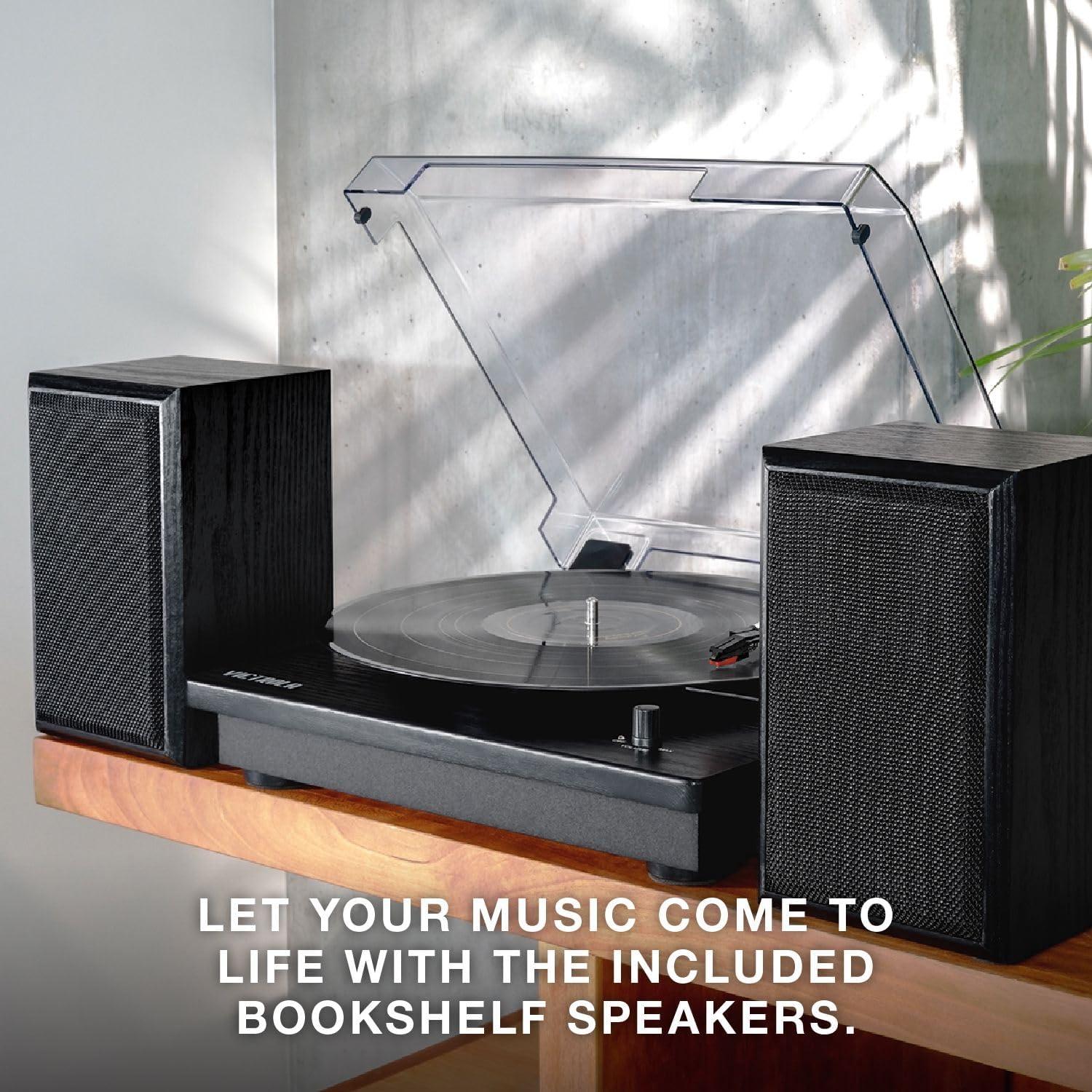 Victrola Montauk Bluetooth Record Player with 3 speed Turntable and Bookshelf Speakers