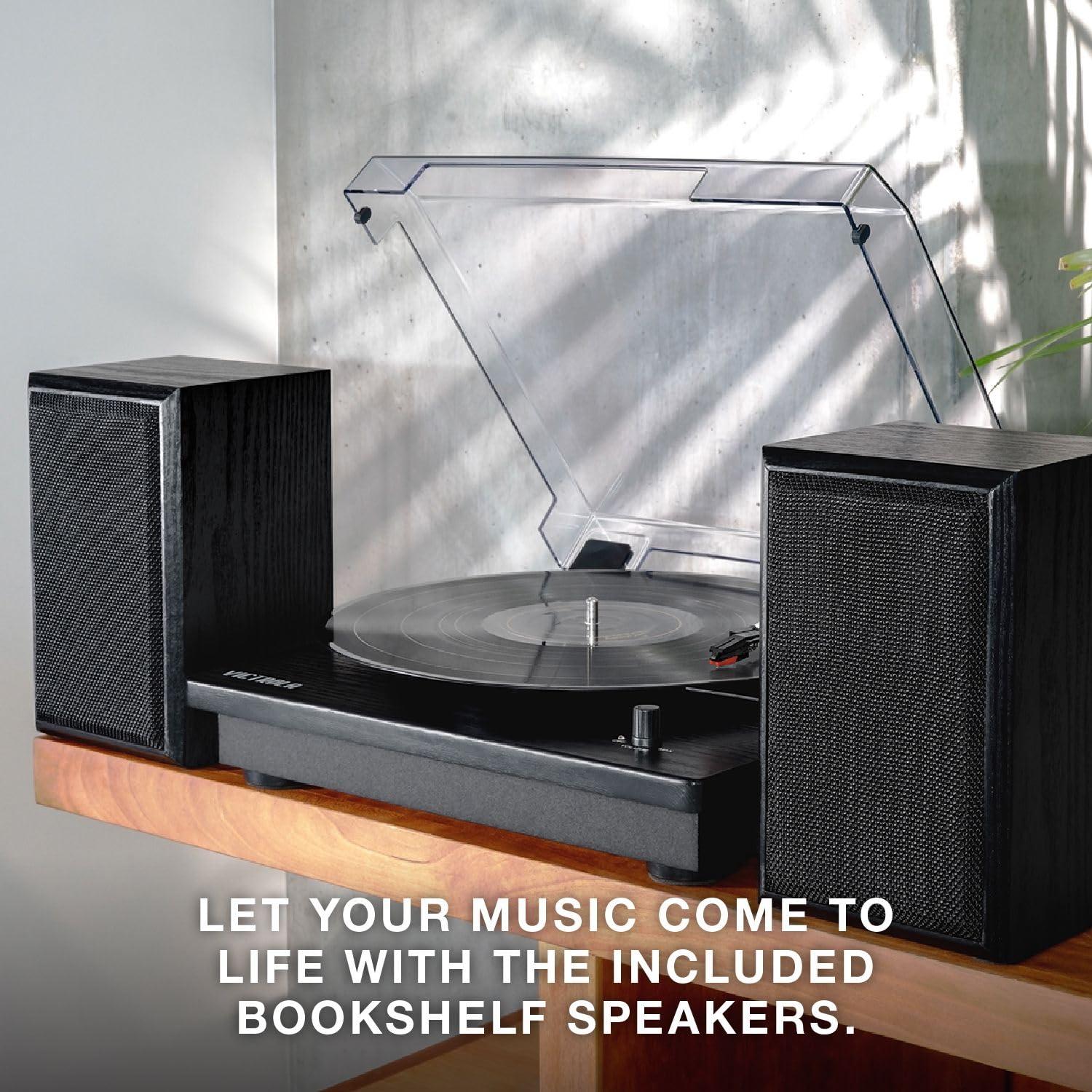 Victrola Montauk Bluetooth Record Player with 3 speed Turntable and Bookshelf Speakers
