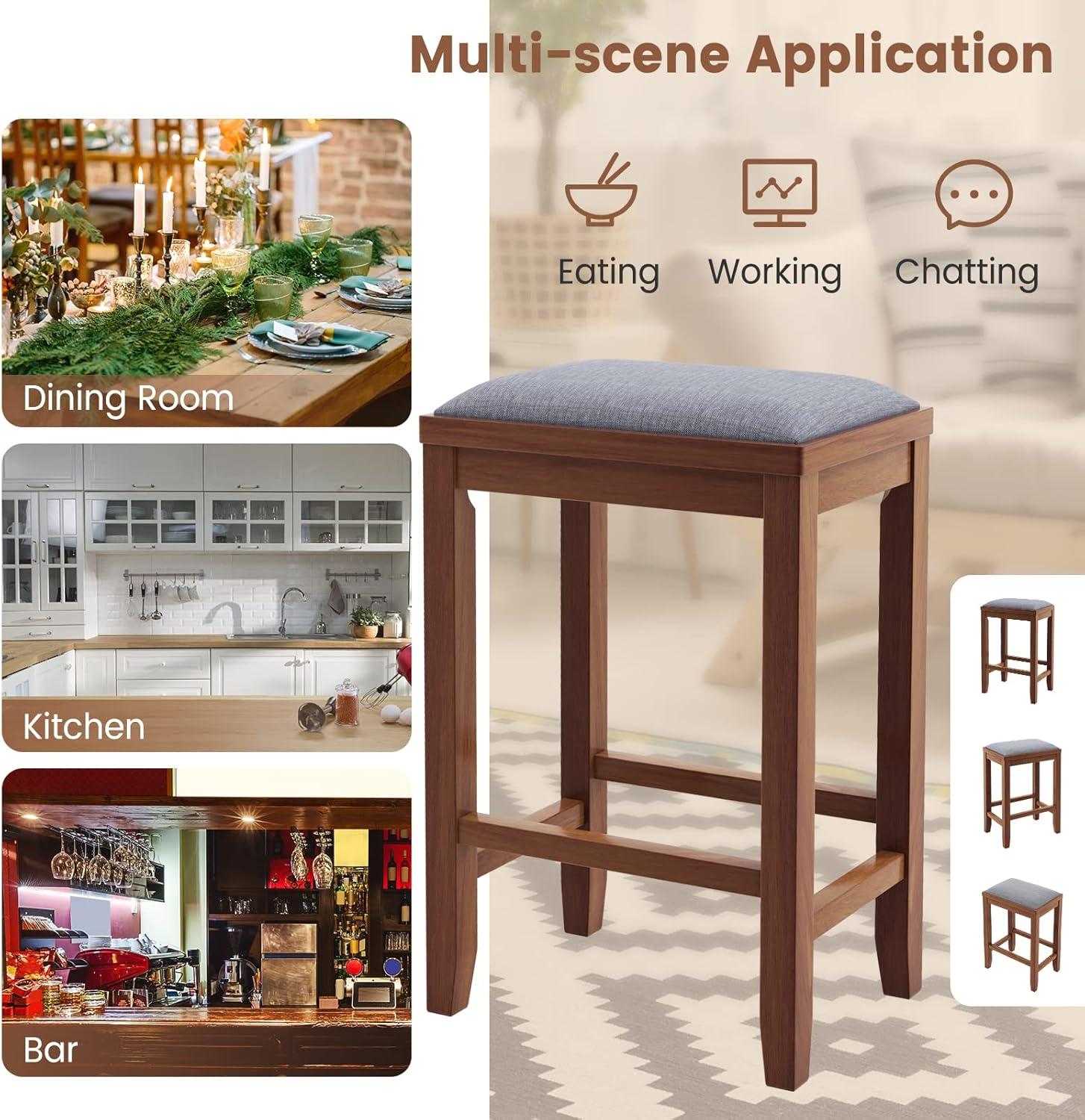 Costway Set of 2 Upholstered Bar Stools Wooden Counter Height Dining Chairs Walnut