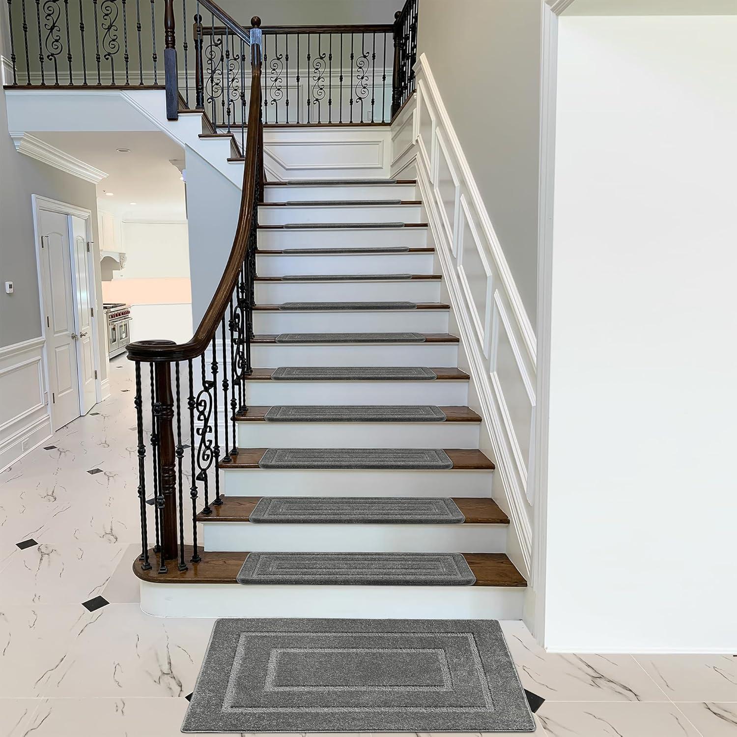 PURE ERA Bullnose Carpet Stair Treads Protectors for Wooden Steps 9.5" x 30"x1.2" Pet Friendly Tape Free Non-Slip (Set of 14 Pieces,Gray Rectangle)