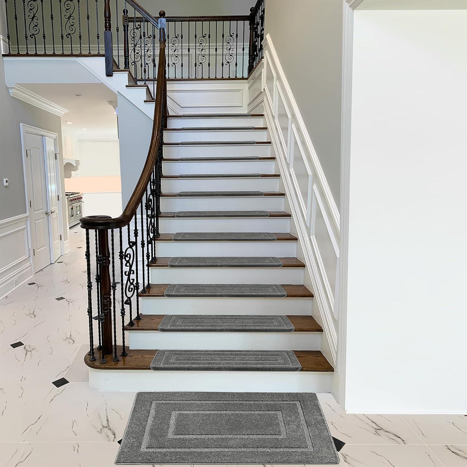 PURE ERA Bullnose Carpet Stair Treads Protectors for Wooden Steps 9.5" x 30"x1.2" Pet Friendly Tape Free Non-Slip (Set of 14 Pieces,Gray Rectangle)