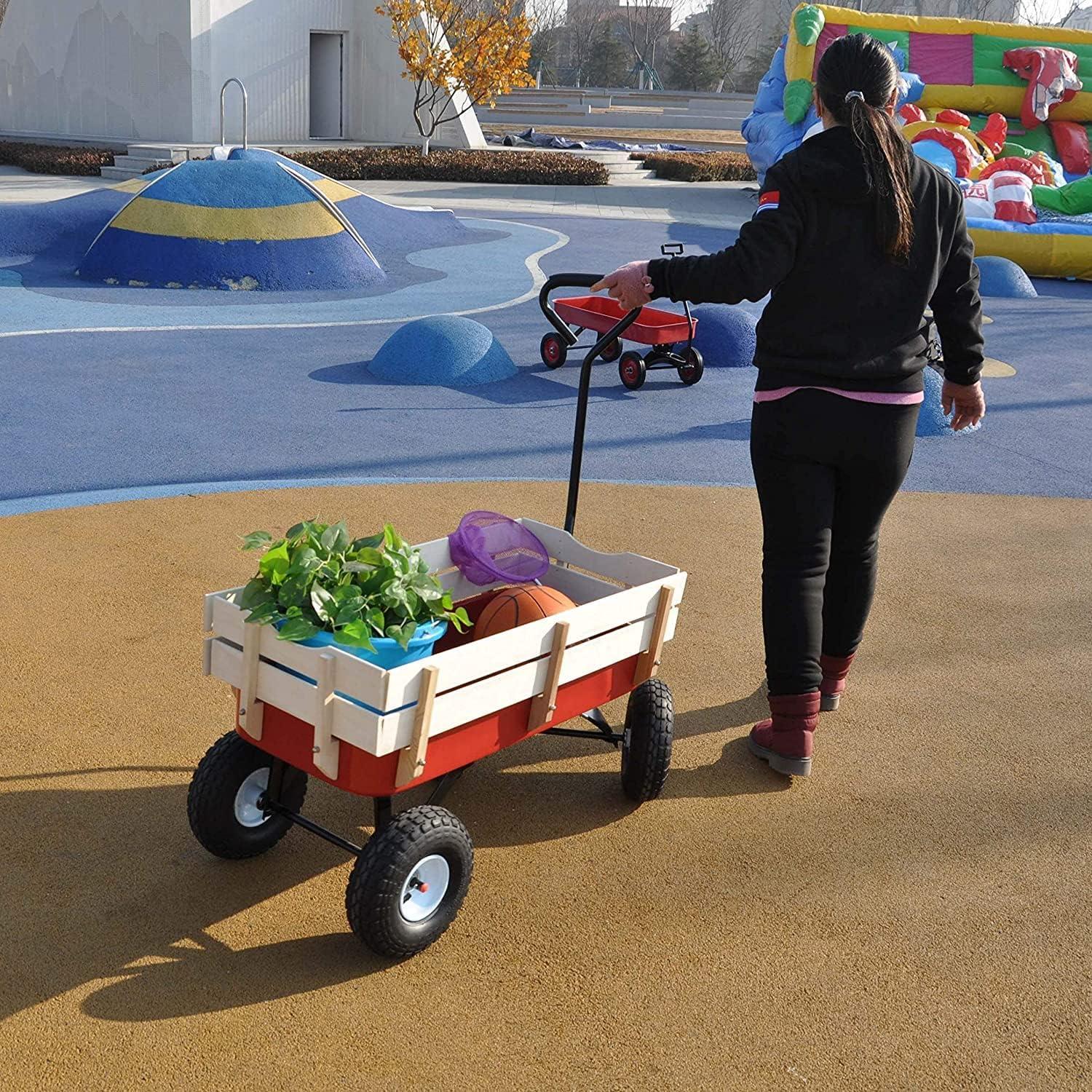 All Terrain Wagons for Kids Wagon with Removable Wooden Side Panels, Garden Wagon with Steel Wagon Bed, Folding Wagons for Kids/ Pets with Pneumatic Tires, Red