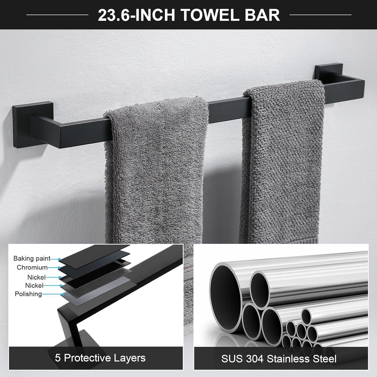 Black Towel Bar Set 5-Piece Bathroom Hardware Set,Square SUS304 Stainless Steel - 23.6 Inch Wall Mounted Towel Rack,Toilet Paper Holder,Towel Ring and Towel Hook