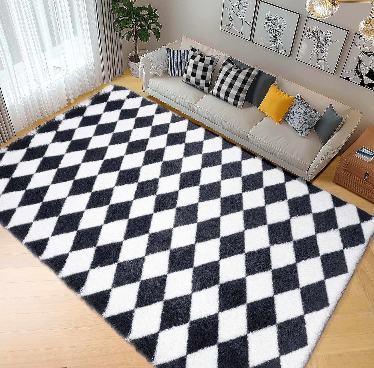 Luxe Weavers Checkered Black and White Geometric 8x10 Area Rug
