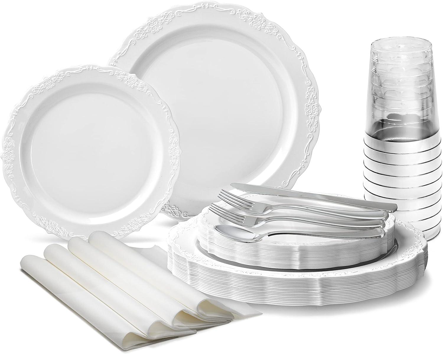 " OCCASIONS " 320 Piece set (40 Guests)-Vintage Wedding Party Disposable Plastic Plates & cutlery -40 x 10'' + 40 x 7.5'' + Silverware + 12oz Cups + Napkins (Verona White)