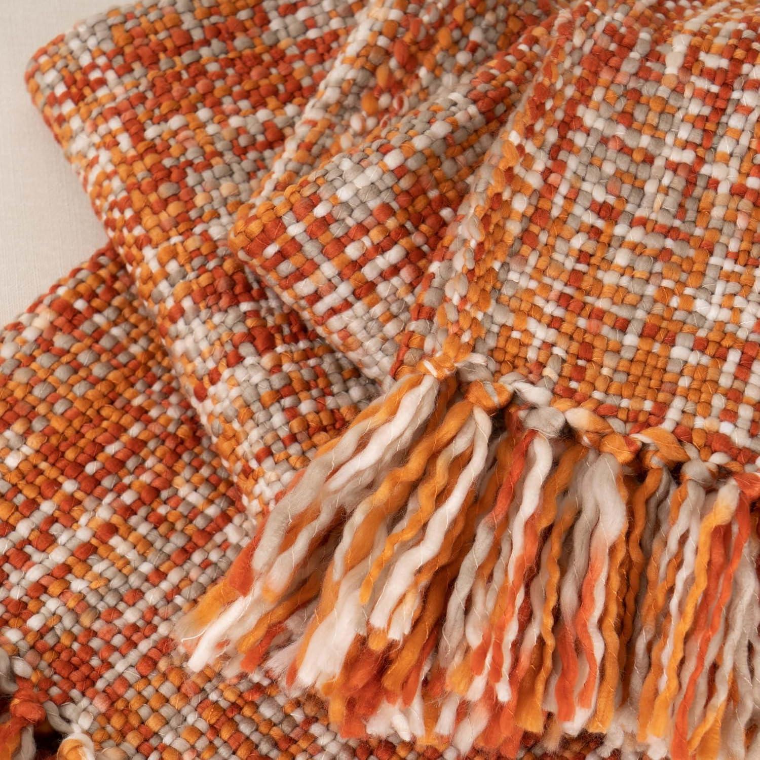 Orange Ochre Knitted Acrylic Throw Blanket with Fringes, 50"x60"