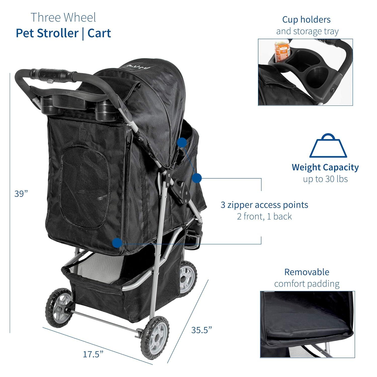 Black Foldable 3-Wheel Pet Stroller with Mesh Windows