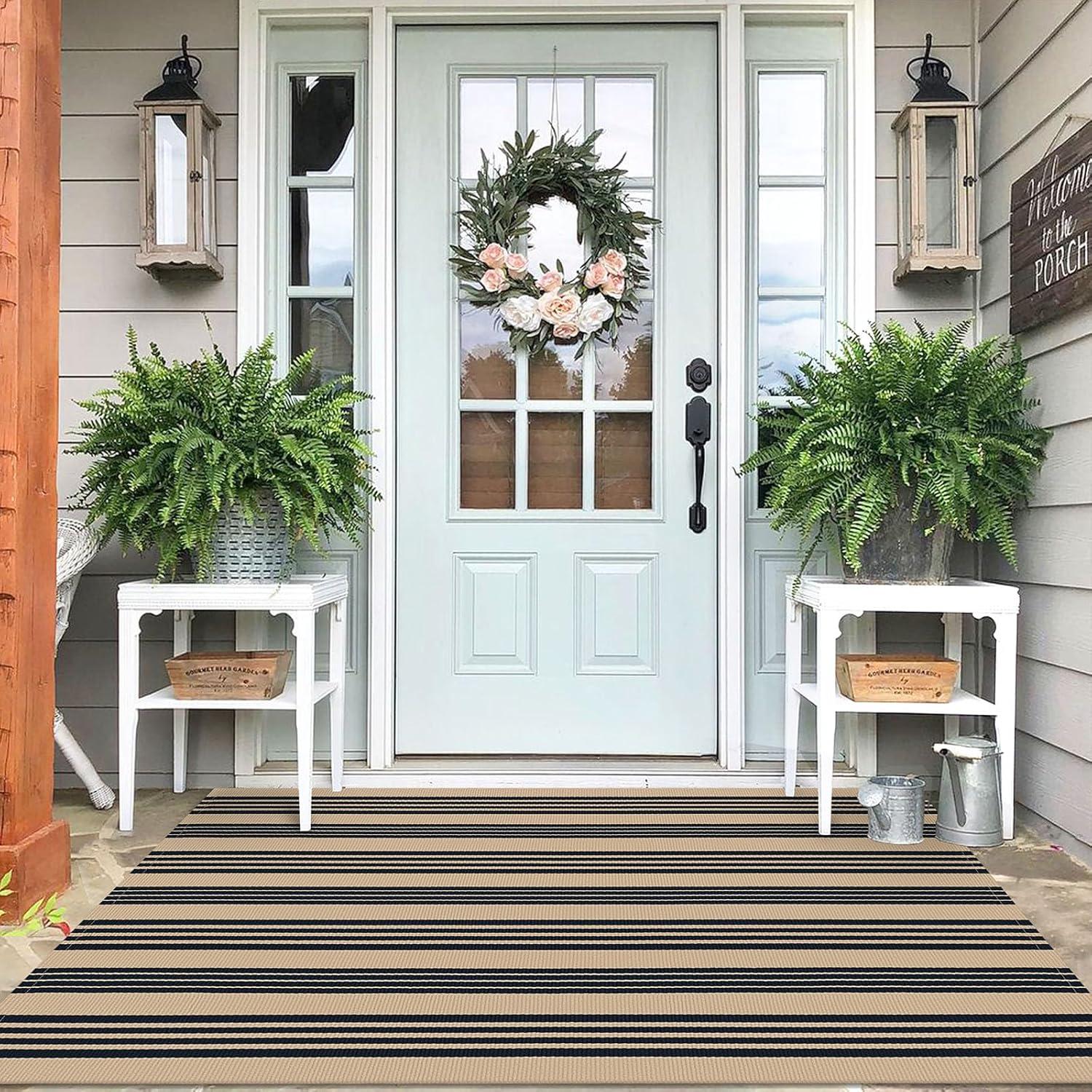 IOHOUZE Navy and White Striped Rug 2'x3' Front Door Rugs, Small Washable Area Rug for Front Porch, Spring Summer Doormats Outdoor Indoor, Cotton Rugs for Entryway Porch Entrance