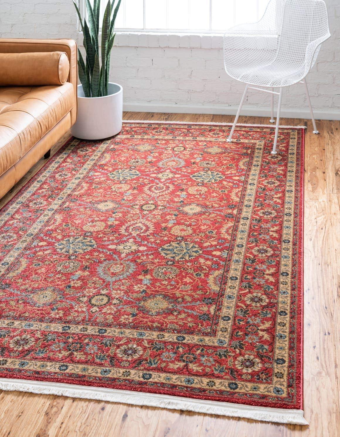 Red Floral Synthetic Rectangular Area Rug with Fringe