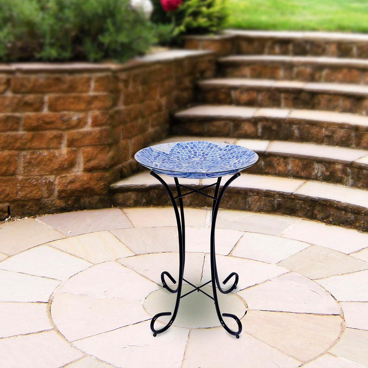 23" Outdoor Mosaic Glass Birdbath Bowl with Metal Stand Blue - Alpine Corporation: Weather-Resistant, Freestanding