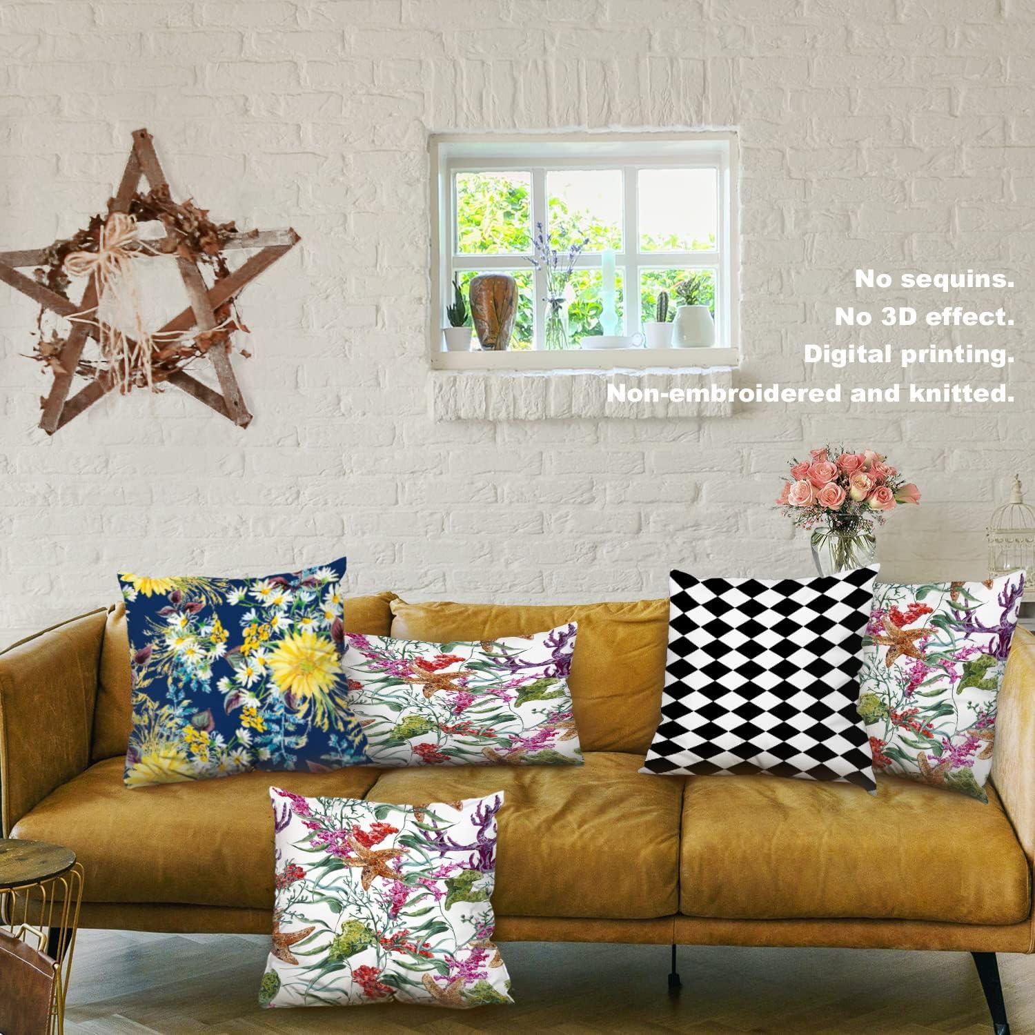 Coral Nautical Pillow Covers, Watercolor Sea Life Pattern with Seaweed Starfish Lumbar 12 x 20 Inches Decorative Throw Pillow Covers Cotton Cushion for Sofa Bedroom Car, Blue 04, Set of 2