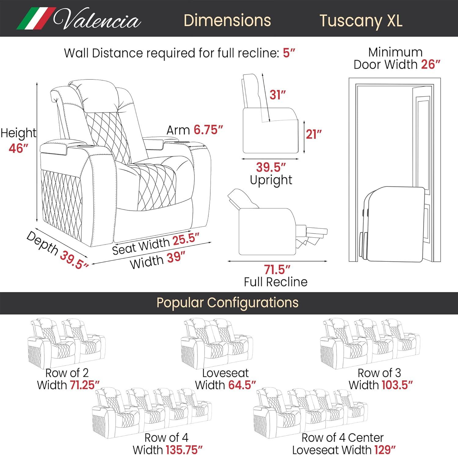 Valencia Tuscany XL Big & Tall Theater Seating – 400lb Capacity, Extra 26" Wide Power Recliner with Italian Leather, Power Headrest & Lumbar Support (Row of 2, Midnight Black)