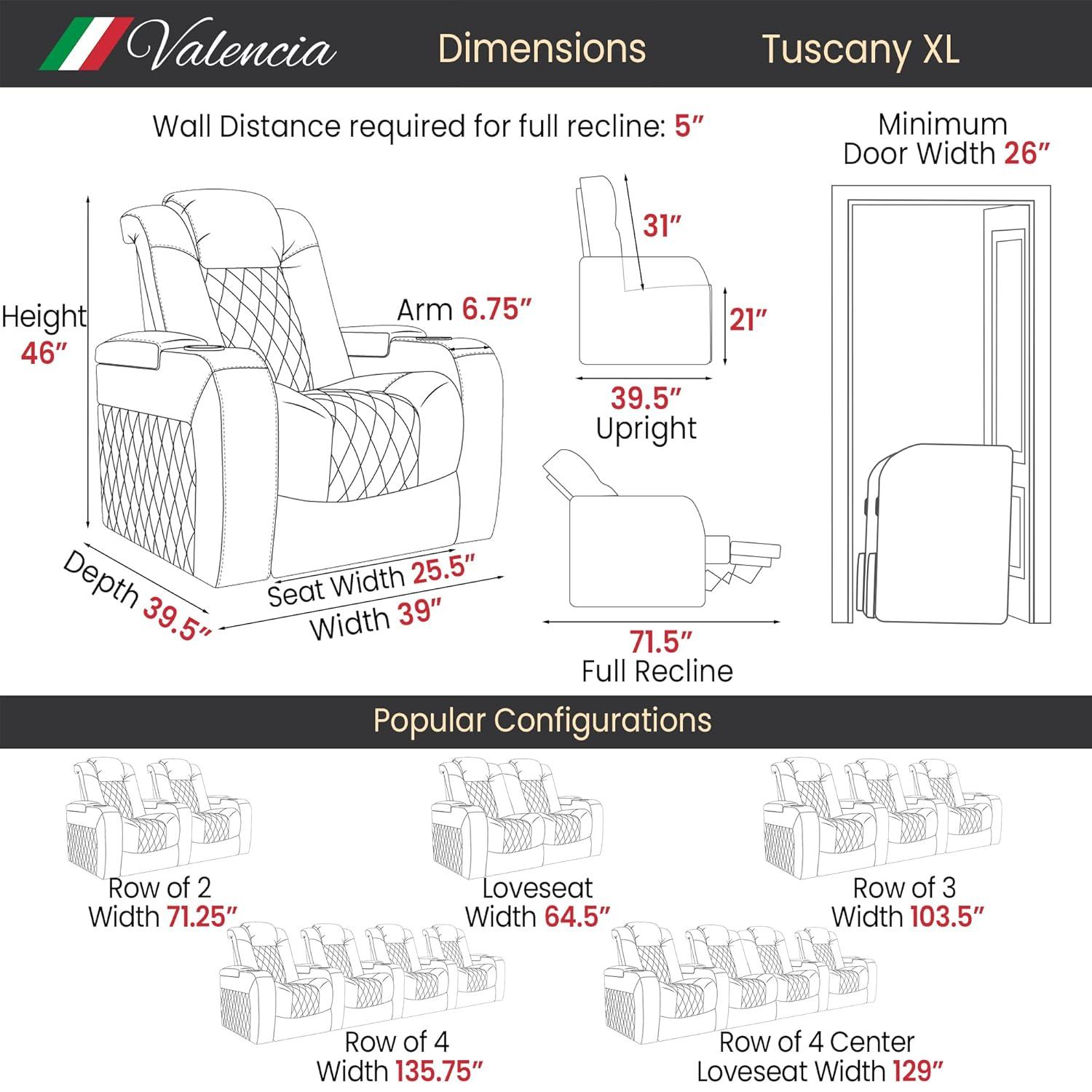 Valencia Tuscany XL Big & Tall Theater Seating – 400lb Capacity, Extra 26" Wide Power Recliner with Italian Leather, Power Headrest & Lumbar Support (Row of 2, Midnight Black)