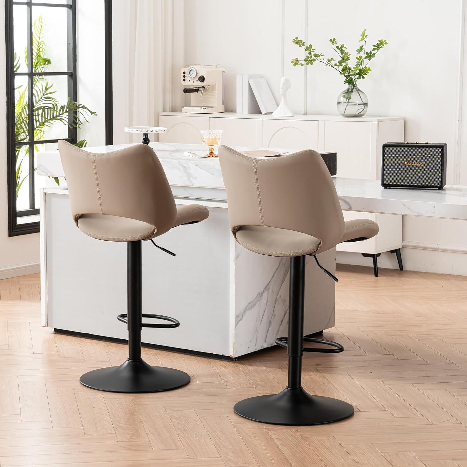 Khaki Adjustable Swivel Faux Leather Bar Stools with Metal Base