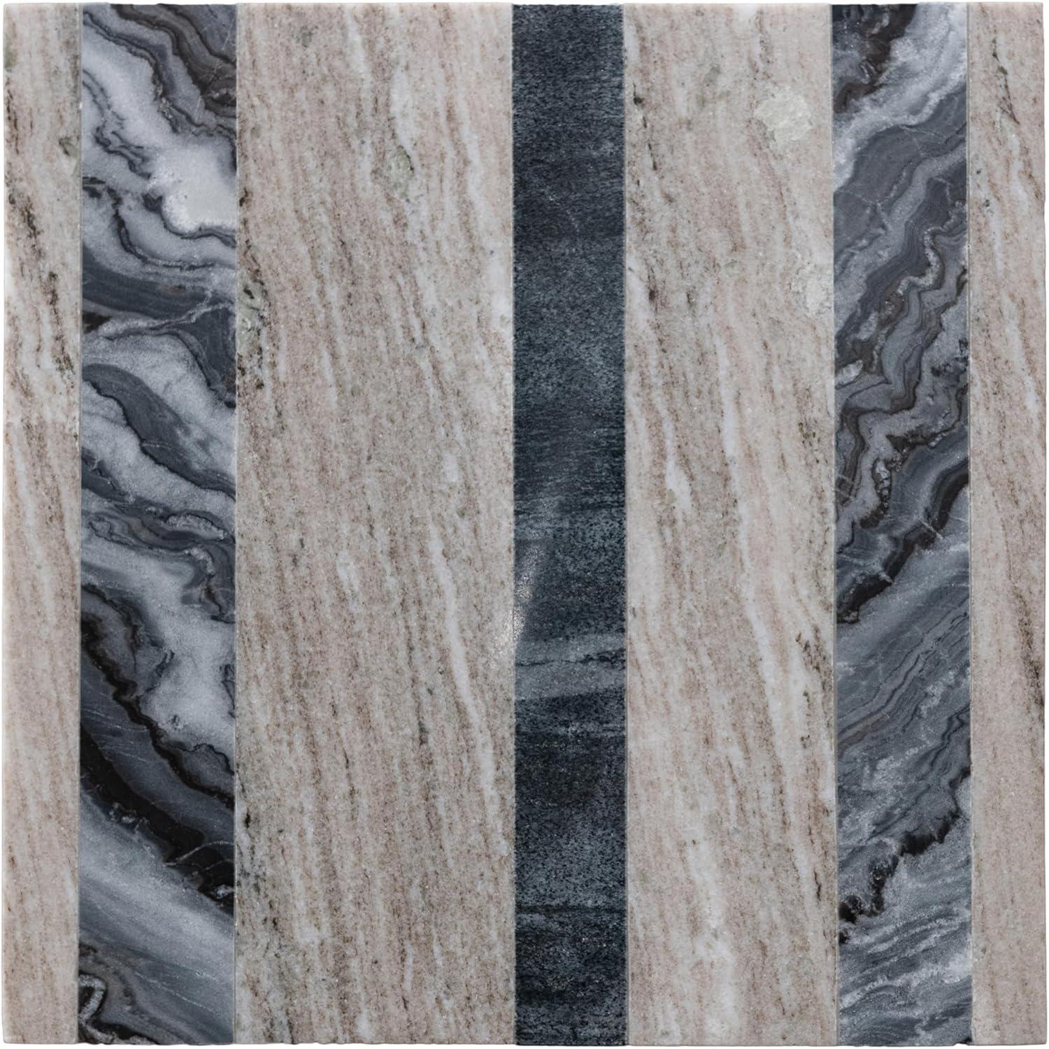 Bloomingville Marble Side Table with Stripes and Interlocking Base, Buff and Black Mélange