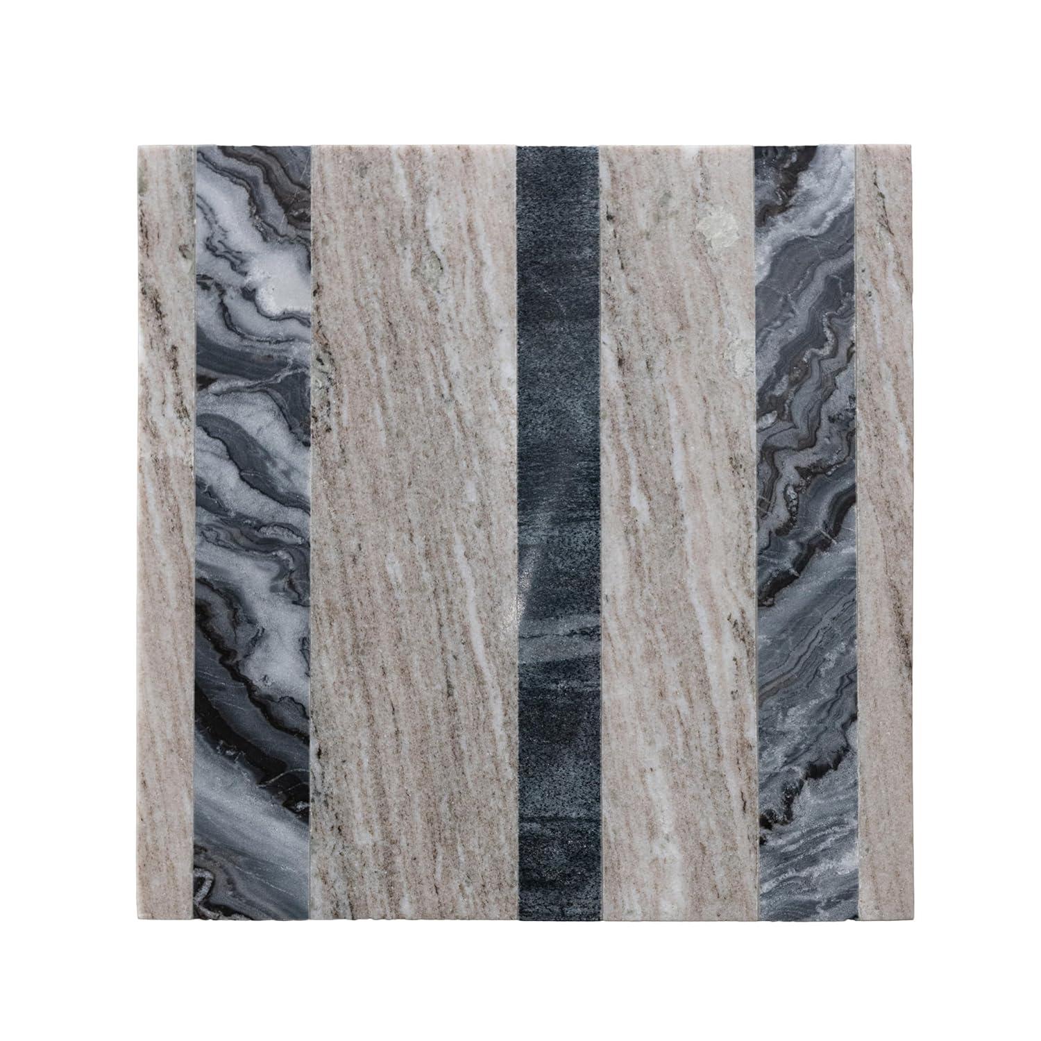 Bloomingville Marble Side Table with Stripes and Interlocking Base, Buff and Black Mélange