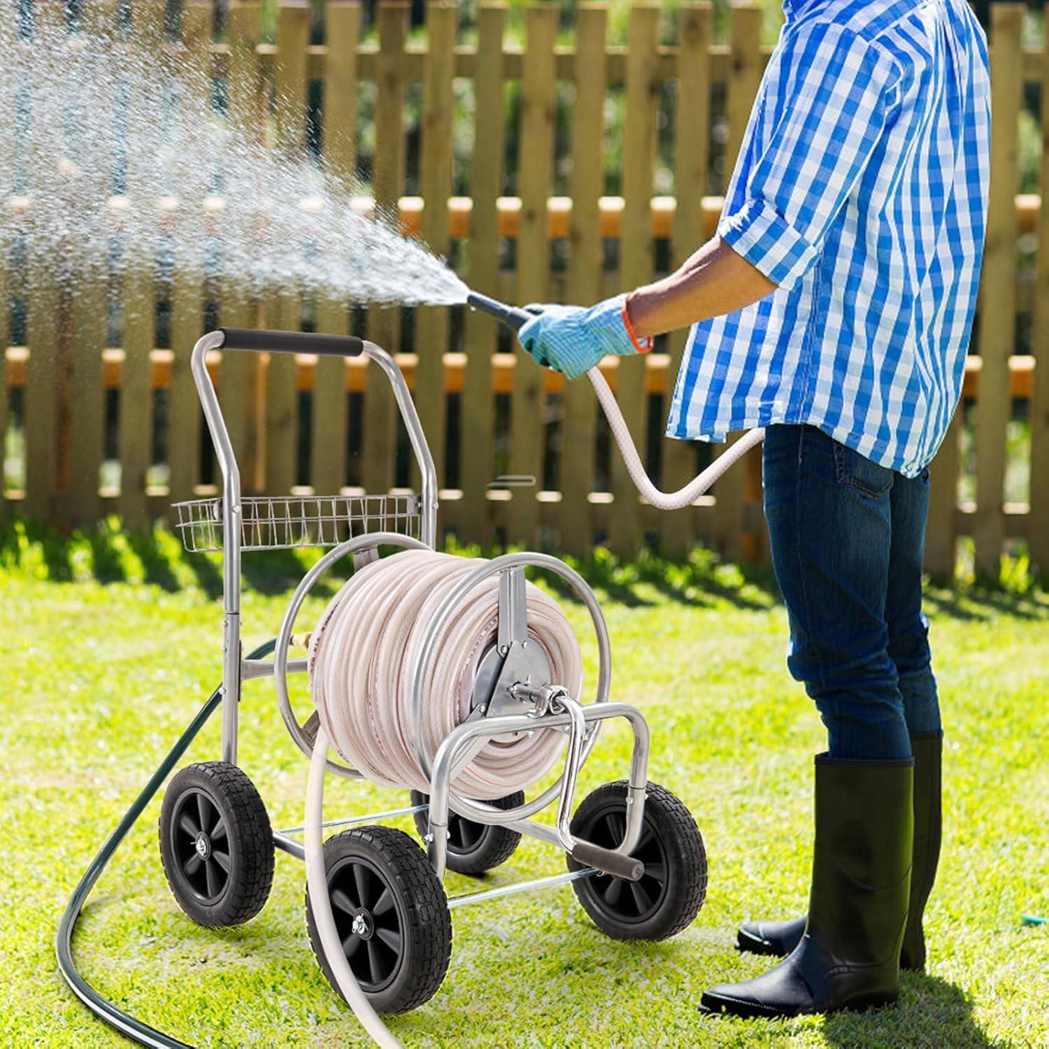 Heavy Duty Silver Steel Garden Hose Reel Cart with Storage Basket