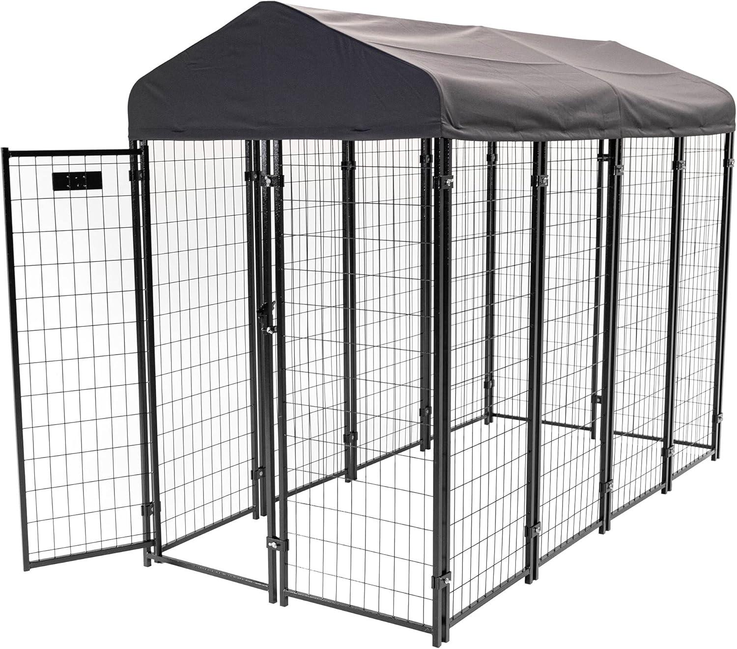 Lucky Dog STAY Series Black Powder Coat Steel Frame Villa Dog Kennel with Waterproof Canopy Roof and Single Gate Door