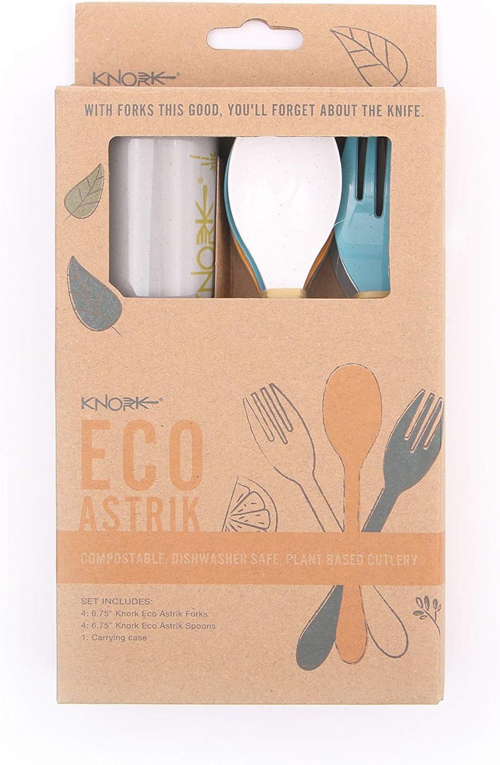 Knork Eco Reusable Bamboo Compostable Plant-Based To Go Ware, Utensil Set (4 forks 4 spoons) with Carry Case, Orange Blue White Gray, 9 Piece Set