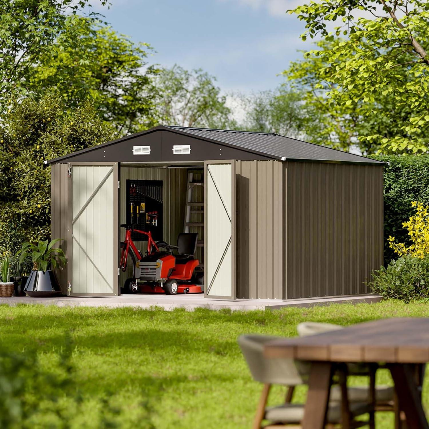 Patiowell 10' x 8' Outdoor Storage Shed with Floor Frame Kit, Metal Garden Tool Shed with Design of Lockable Doors, Utility and Tool Storage for Garden, Backyard, Patio, and Outside Use, Brown