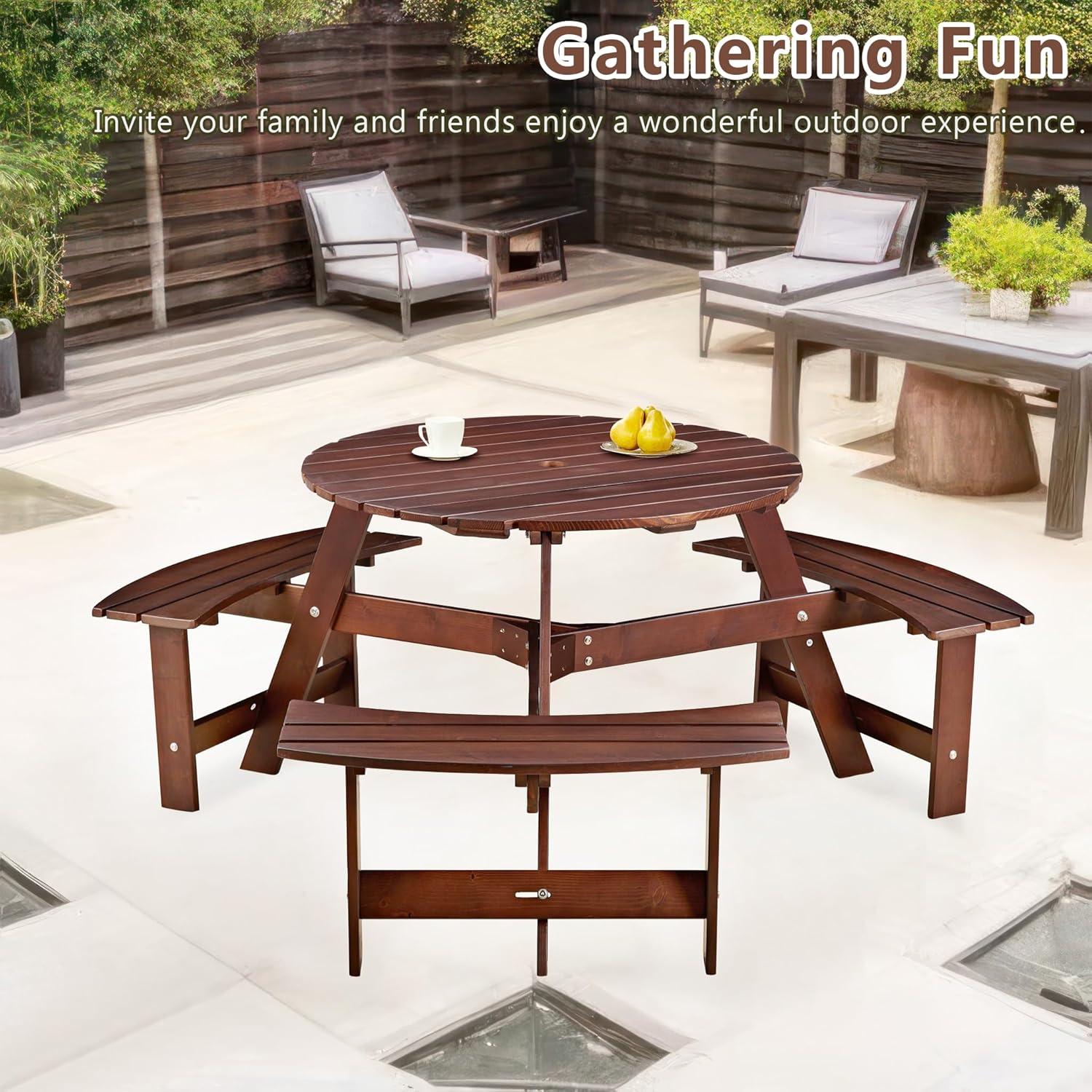 6 Person Wood Picnic Table, Outdoor Round Picnic Table with 3 Built-in Benches, Umbrella Hole, Outside Table and Bench Set for Patio, Backyard, 500lbs Capacity Per Bench (Brown)