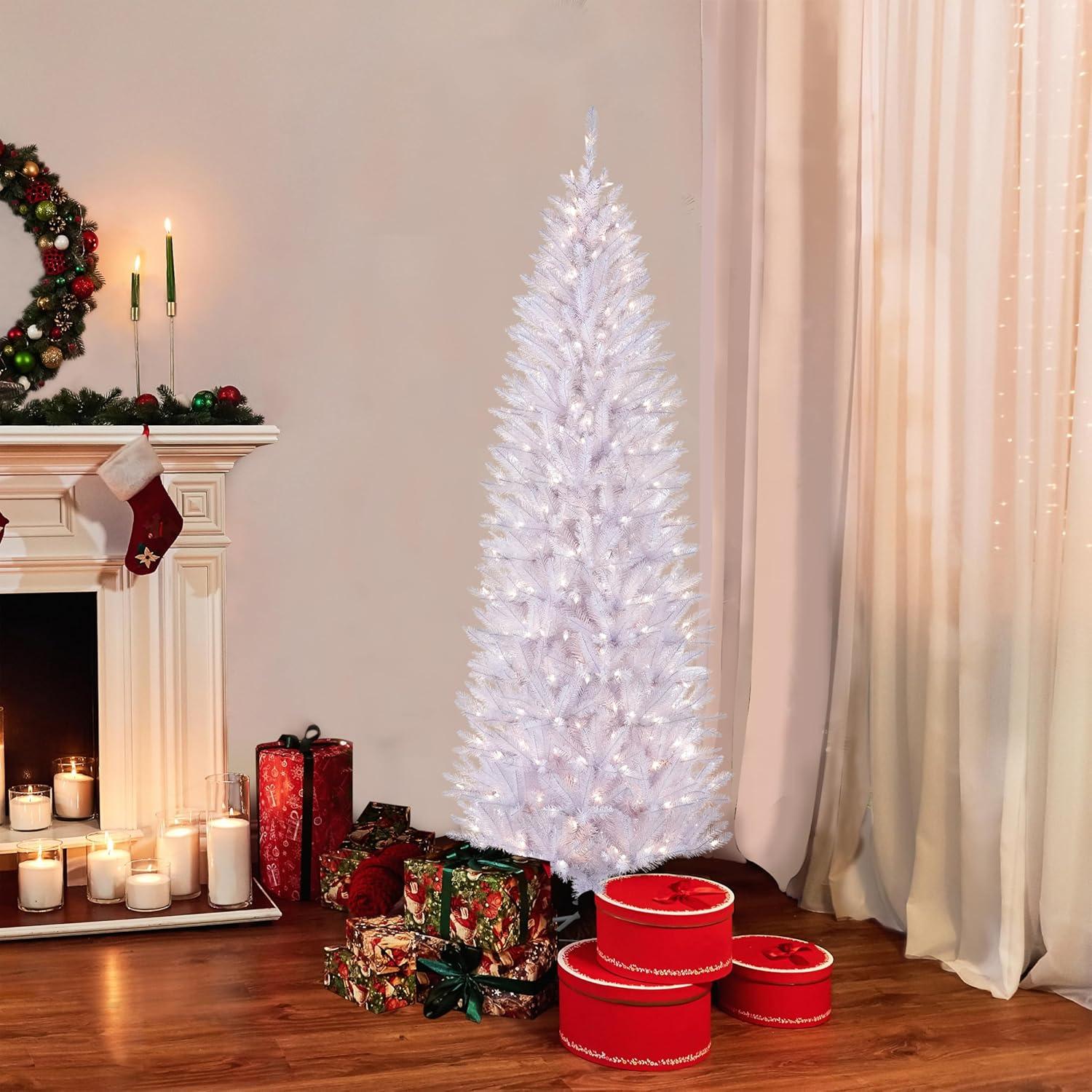 White Pre-Lit Fraser Fir Pencil Christmas Tree with Clear Lights