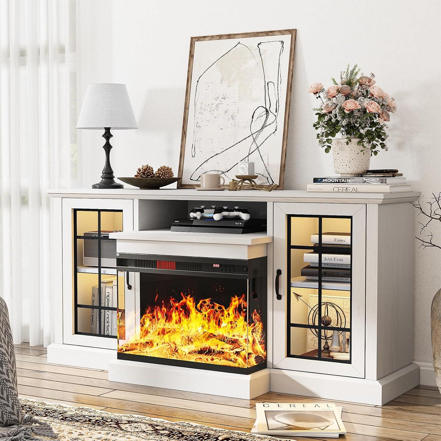 Fireplace TV Stand with 3-Sided Glass Electric Fireplace, 59" Entertainment Center, Distressed White