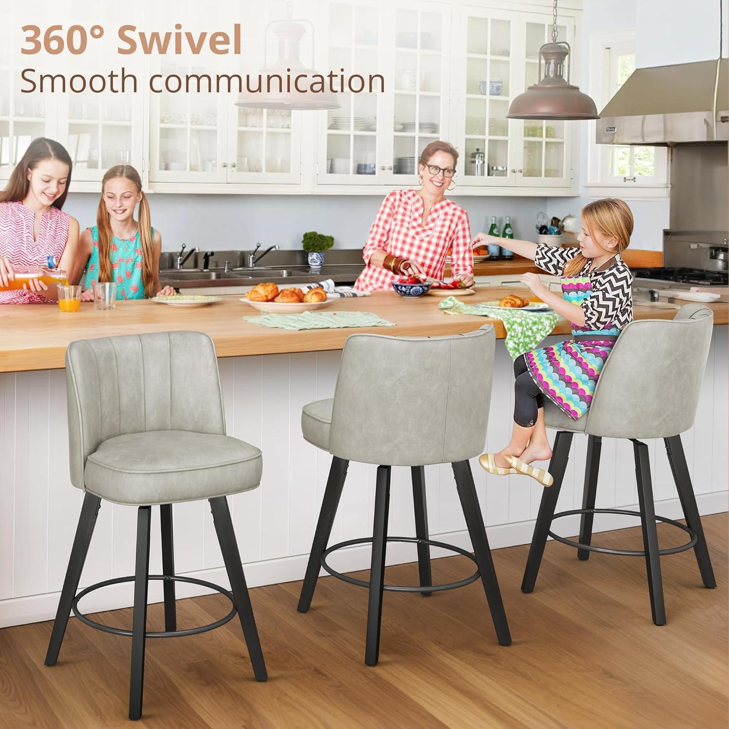 LUE BONA 360-degree Swivel Bar Stools Set of 3, 26" Counter Height Bar Stools with High Back and Wood Legs, Morden Faux Leather Upholstered Barstools for Kitchen Counter