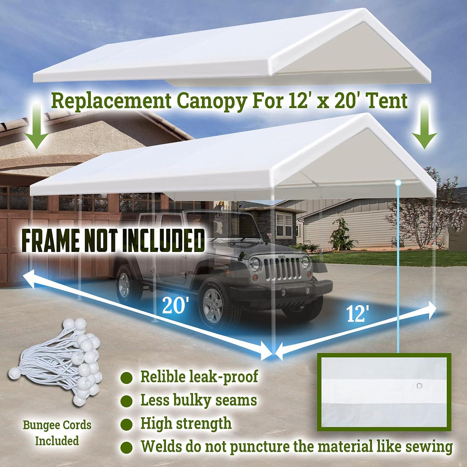 12 x 20 Feet Replacement Top Canopy Roof Cover for Carport Garage Shelter with Bungees, Frame Not Included (White)