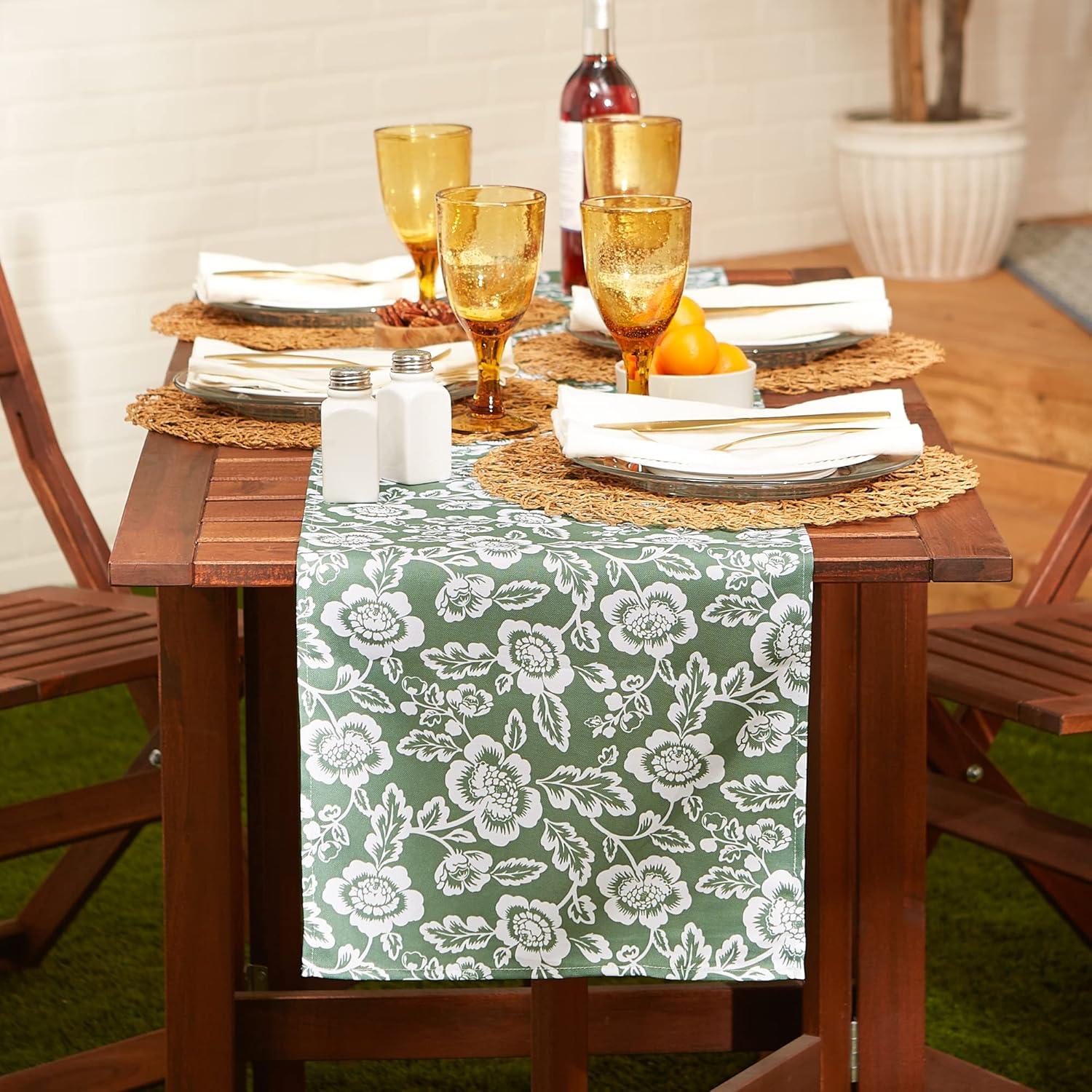 Artichoke Green  Floral Print Outdoor Fabric Table Runner 14x72