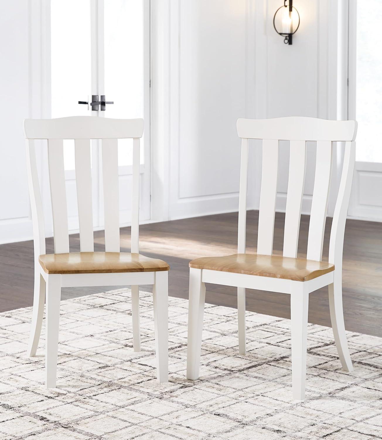 White and Light Brown Wood Slat Back Upholstered Side Chair