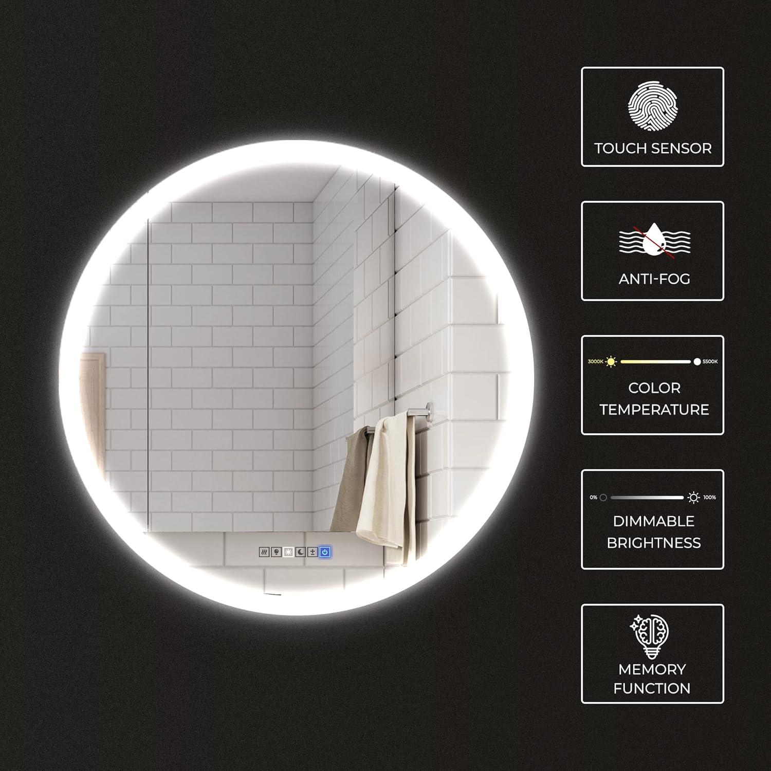 Round Lighted LED Bathroom and Vanity Mirror 28 inch with Anti Fog, Wall Mounted, Dimmer Touch Sensors by Fab Glass and Mirror