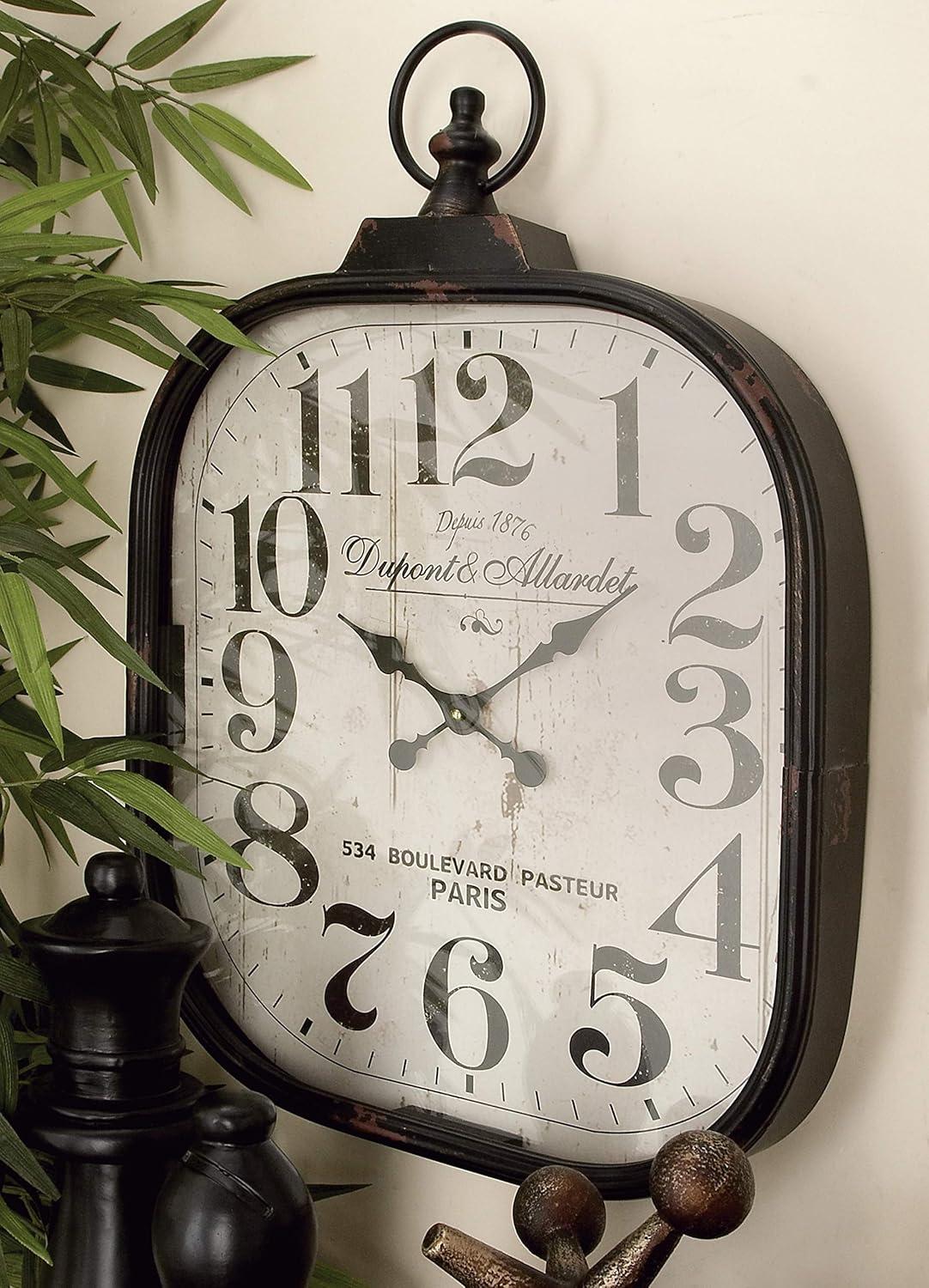 DecMode 18" x 26" Black Metal Distressed Pocket Watch Style Wall Clock with Ring Finial