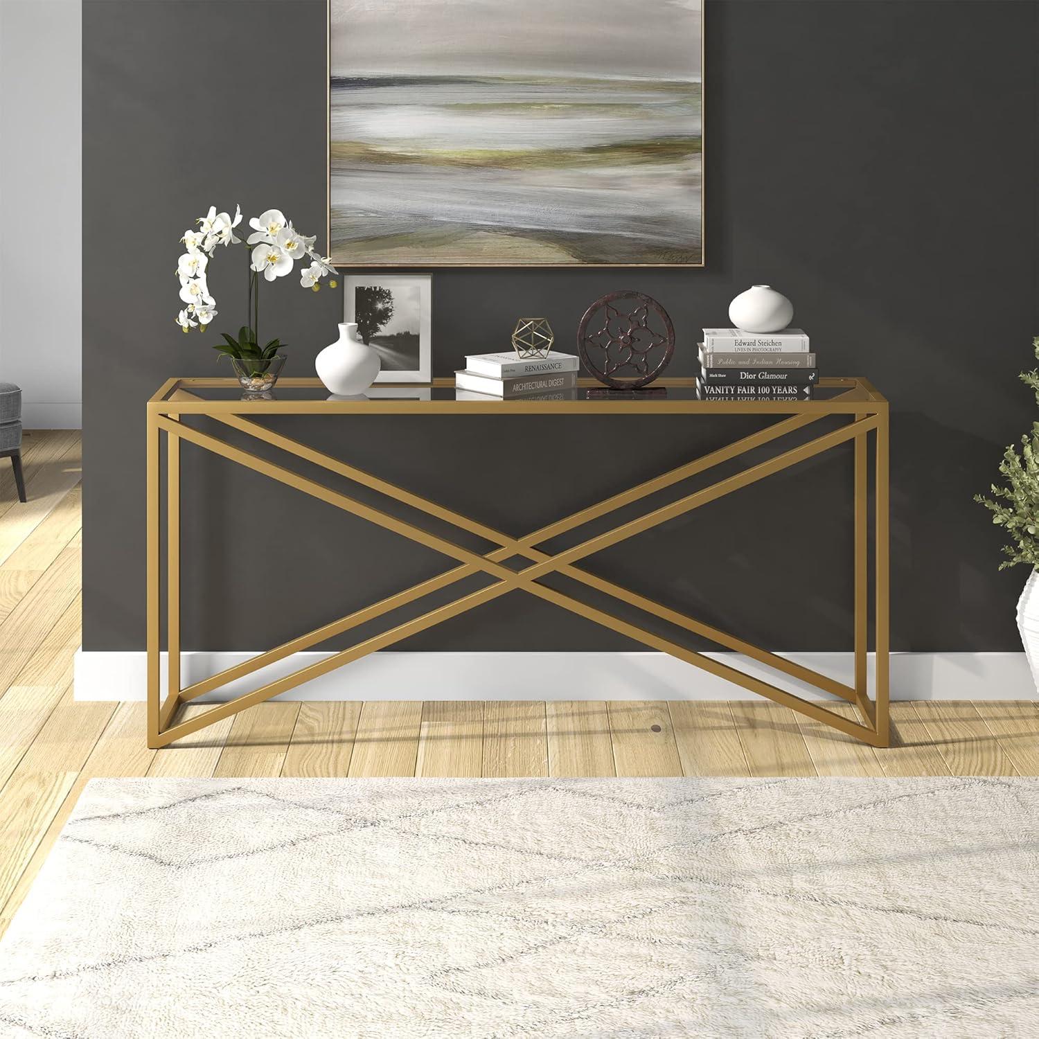 Brass and Glass 64" Geometric Console Table