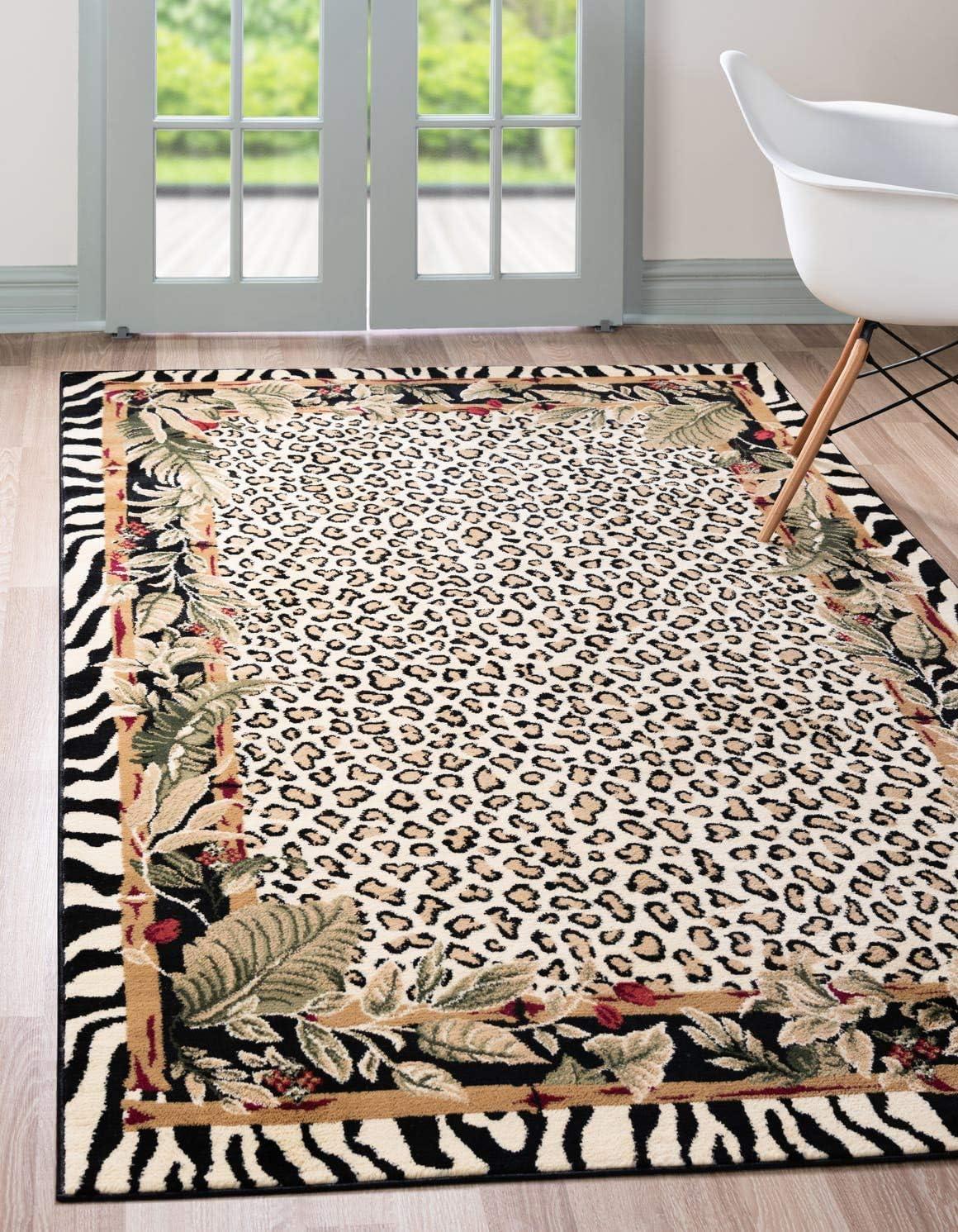 Ivory and Black Rectangular Floral Synthetic Area Rug