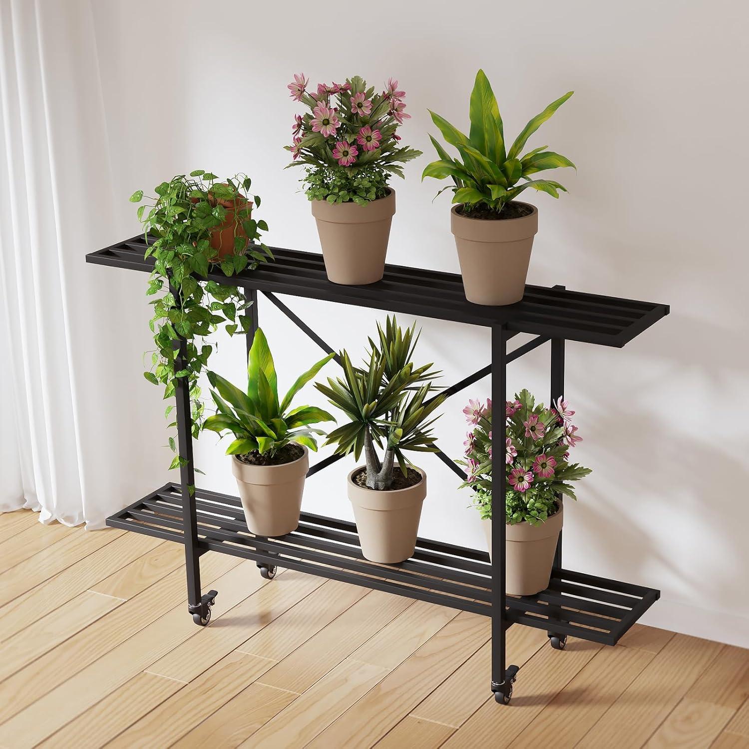 2 Tier Metal Sturdy Heavy Plant Stand, Narrow Plant Stand Indoor and Outdoor, L35.43 x W10.3 x H27.5 inch, 440 LBS Capacity & Heavy Duty Construction