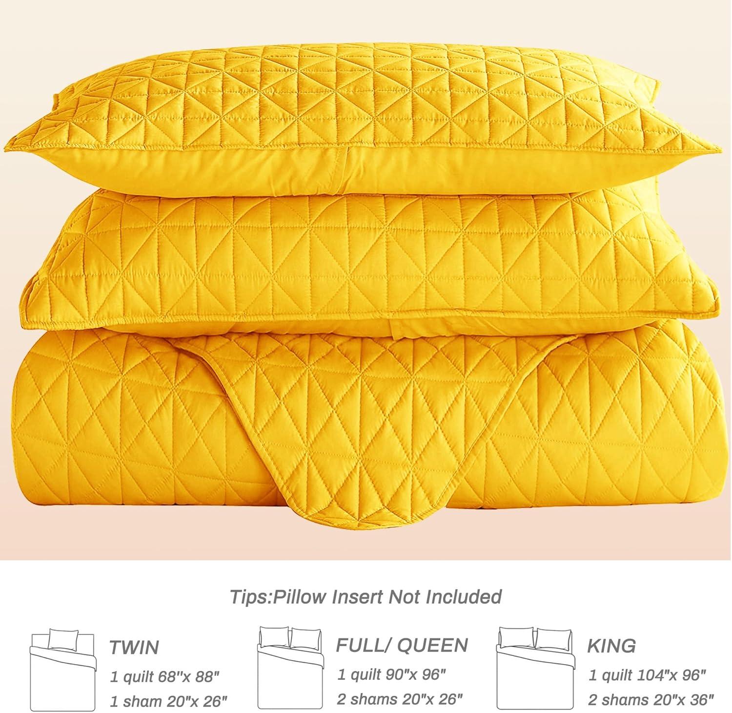 Exclusivo Mezcla Bed Quilt Set Queen Size for All Seasons, Stitched Pattern Quilted Bedspread/ Bedding Set/ Coverlet with 2 Pillow shams, Lightweight and Soft, Yellow