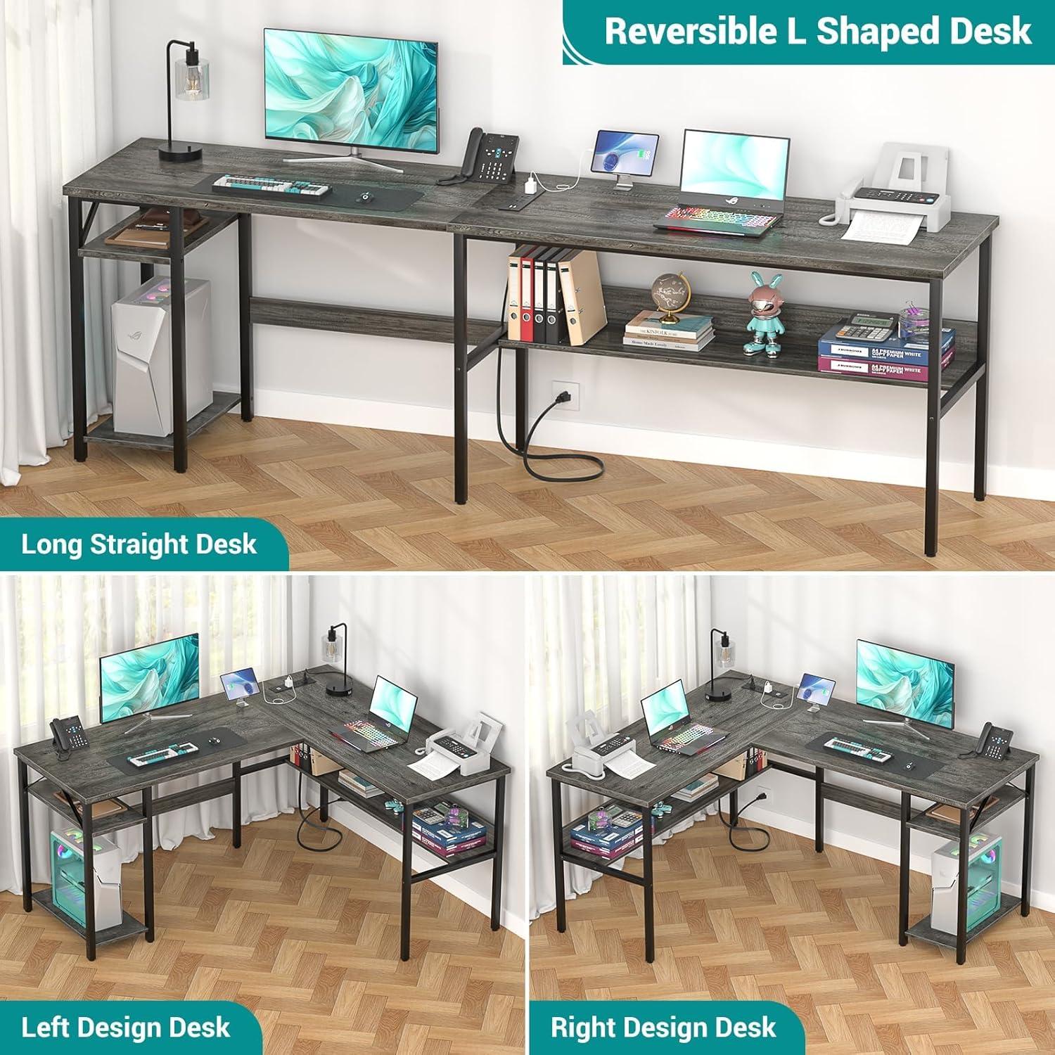 Reversible L Shaped Gaming Desk with Power Outlets and USB Charging Ports, Sturdy Computer Desk with Storage Shelf, Modern Corner Desk Home Office Table, Easy to Assemble, Gray Oak