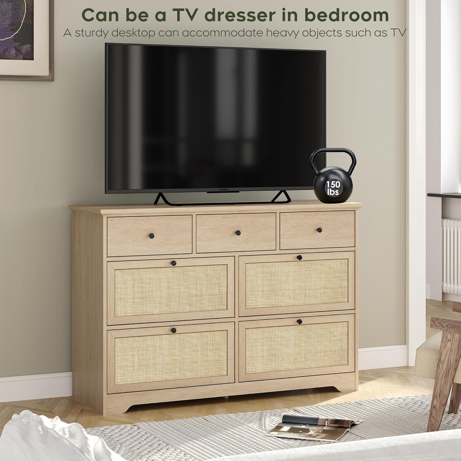 Yechen 7 Drawers Natural Rattan Dresser for Bedroom, Mid-Century Modern Natural Wood Dressers with Elegant Tabletop, Boho Chest of Drawers TV Stand with Sturdy Base for Living Room, Baby Nursery
