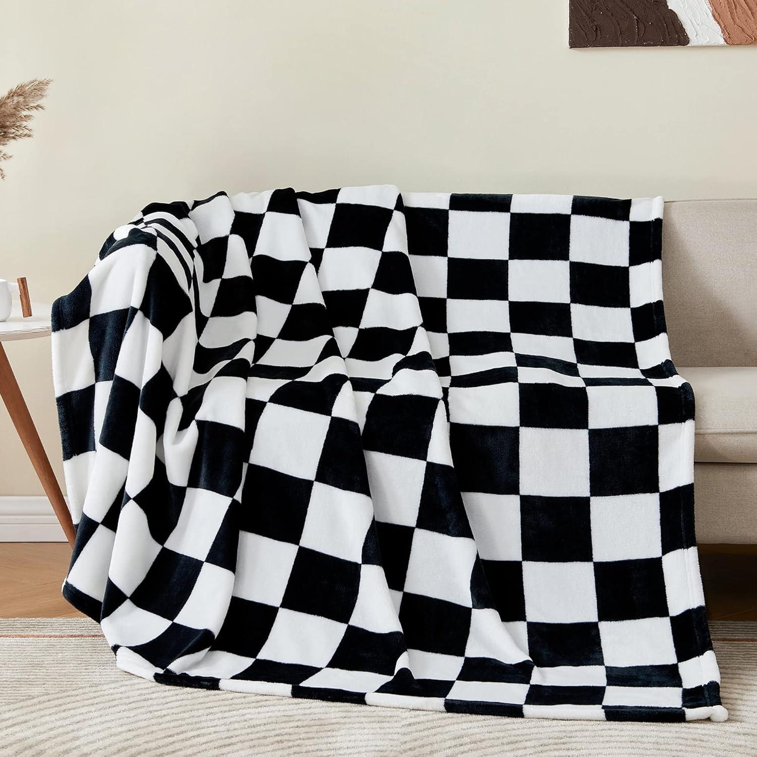 BEDELITE Checkered Throw Blanket for Couch, Soft & Cozy Fleece Flannel Blanket with Checkerboard Grid Home Decor, Checkered Black, 50x60 Inches