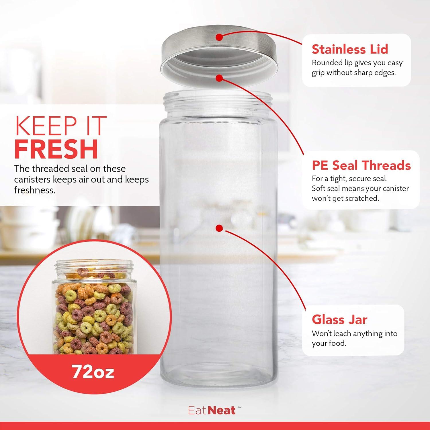 EatNeat 4-Piece Glass Canisters Set with Stainless Steel Lids - Sleek Airtight Glass Storage Containers for Flour, Sugar, Coffee, and Snacks, Essential for Kitchen Organization, Clear, Various Sizes