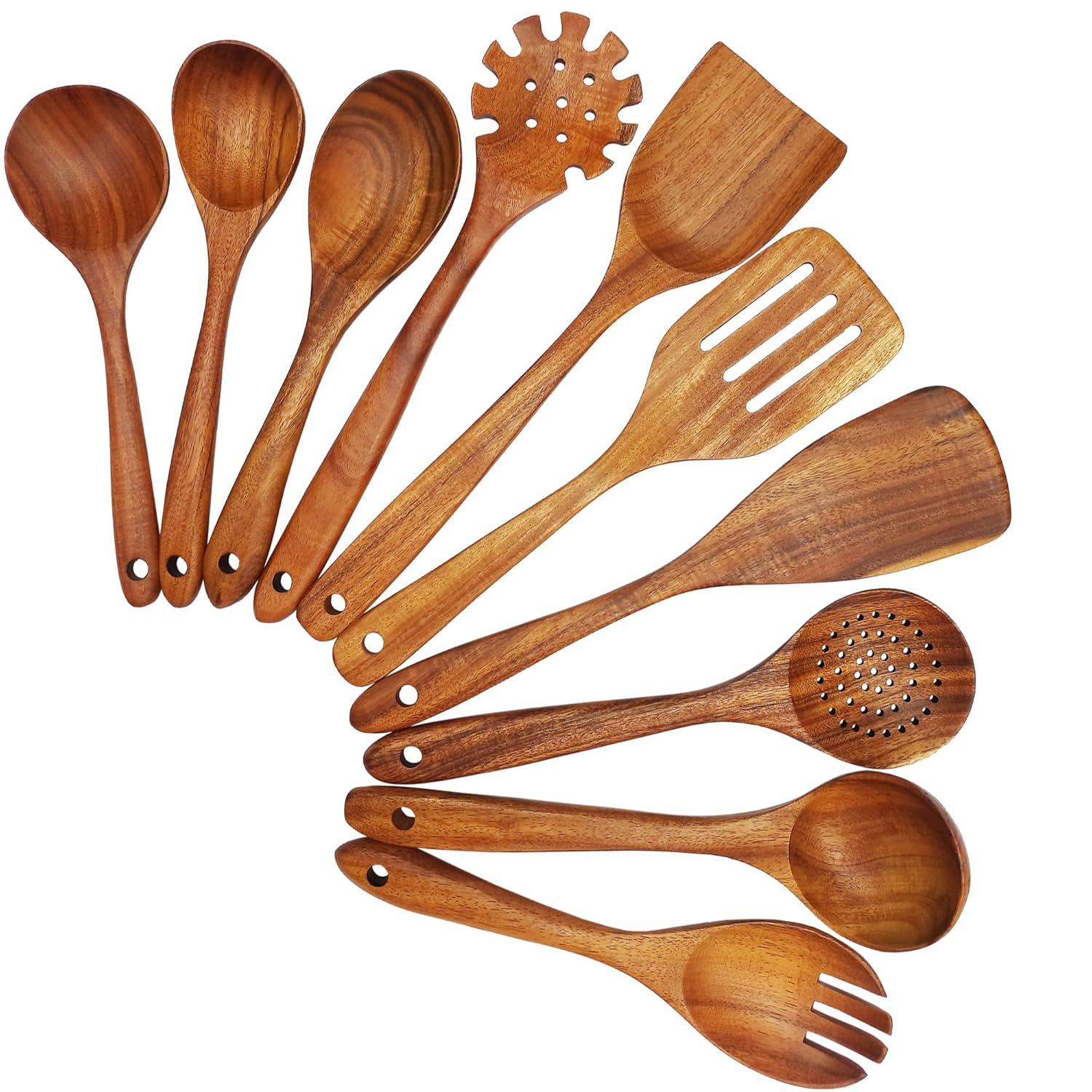 Wooden Spoons for Cooking, 10 Pcs Teak Wood Cooking Utensil Set ‚ Wooden Kitchen Utensils for Nonstick Pans & Cookware ‚ Sturdy, Lightweight & Heat Resistant