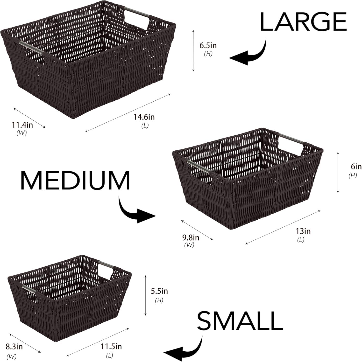 Simplify 3pc Rattan Tote Set with Sterling Silver Handles Chocolate: Decorative Storage Bins, 1456 Volume, No Assembly