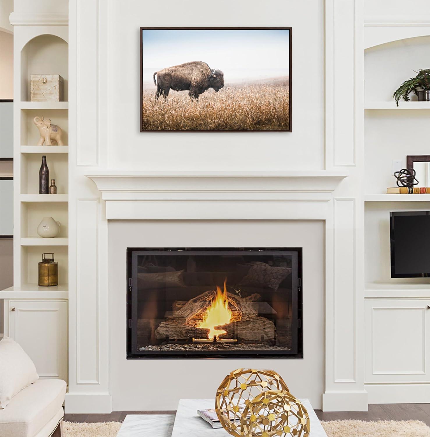 Kate & Laurel All Things Decor Sylvie American Bison Buffalo in Prairie Grass Framed Canvas Wall Art Brown