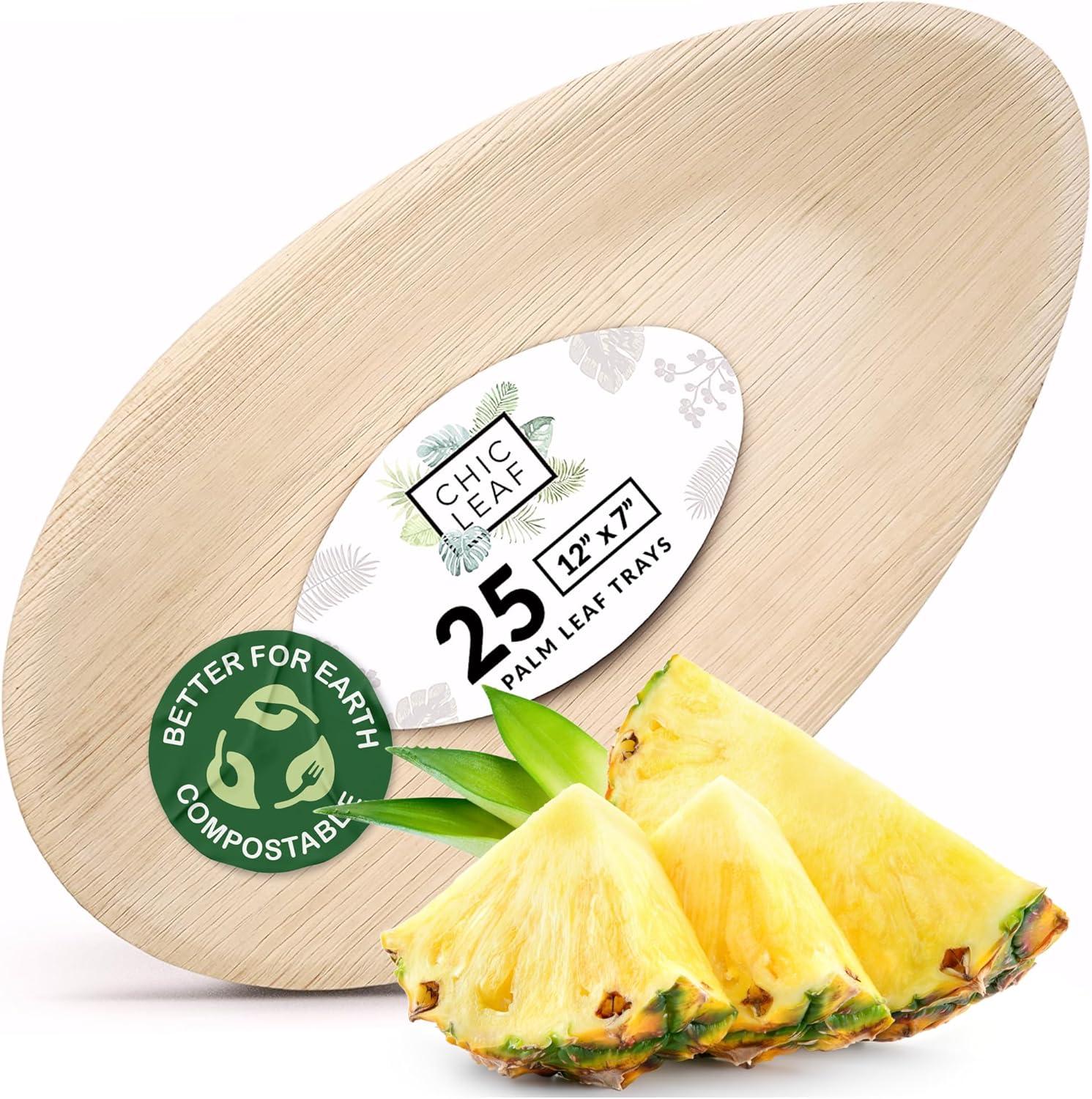 Chic Leaf Disposable Palm Leaf Trays, 17" x 12", 10 Pack, Compostable, Eco-Friendly Platters Charcuterie Board