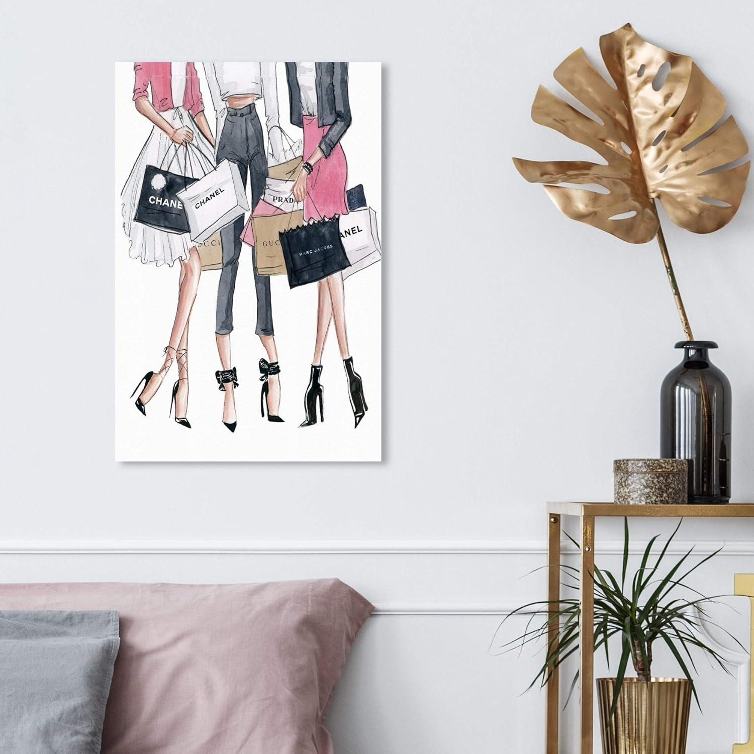 Fashion Shopping Date Canvas Art Print in Pink and White