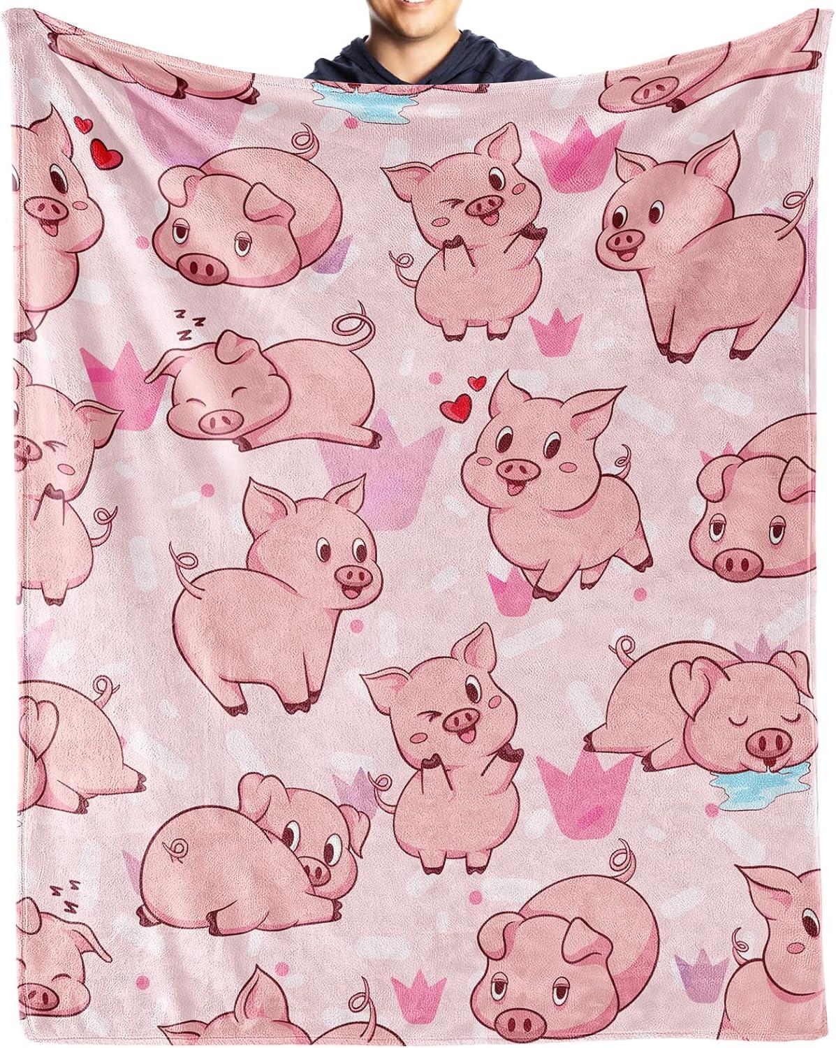 Cute Cartoon Pig Flannel Fleece Throw Blanket, Super Soft Lightweight Blankets for All Season, Fleece Blankets for Couch/Bed, Fuzzy Plush Blanket for Home Decorations