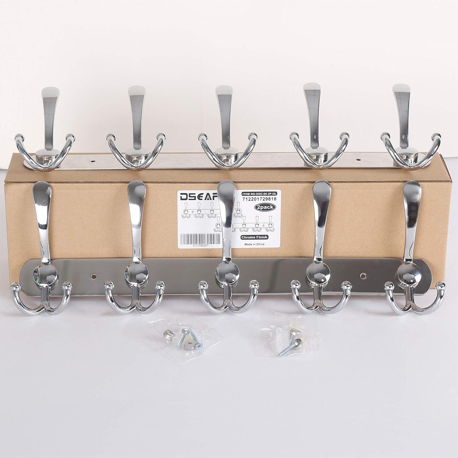 Dseap Wall Mounted Coat Rack - 5 Tri Hooks, Heavy Duty, Stainless Steel, Metal Coat Hook Rail for Coat Hat Towel Purse Robes Mudroom Bathroom Entryway (Chromed, 2 Packs)